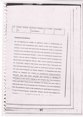 Z;--ob,ooc7----r
f
.i
'!Law ir4atteis
Cbmpanv Law ]l[atters
o-n investigating tlre details or pa;rments made to professionals forcarrying out the consultancy rvork related to ROC and Company Lau,matte's, it'rvas found tJraL dpart rrom the lrayments made to authorizecJ
corporate Jaw sensullant who had been dury appointed in the Execuij'ecommittee meetrng dated october l, 20-l r for handling the corporate lav.zmatters .,vith the offices of Regrstrar of Companies (ROC), Cornpany Lal,,Board {CLB) and Regional Director (RD), vanous payments amountjngRs' 57'g4'400/- (Rupees Fifty Seven Lacs Ninegr Four Thousand andFour Hundred Only) have been made for
:":::li'rh
compan;
';;;, ;;: "' ".-r":":":.:1;":advises. on co'rpany raw matters
-' vvr'l,,antes and.other
Moreover, . they had .never attended any n."r_l-ll. .
;"::"T_t1
orour Corper.are.r-avv consultanL rt is ro be underjinedthat,'the payments mare i^ lL,^ :.r^
': ro LU ue underlined
. rtade to the bompanies. hs sLated above in point no.l4 a-'rd lS arncuntin
i,.,'.s:,i.i _. - :::i:::]lli,,l.'.:" "*,.',,
Lacs Eisht-v pive
4
ry
 