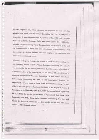 i.r
oi ihe ccnpanies Acr" rg56, arthough,.rhe pa.yrci:nt ior this wo;-rk haci
alreadjr been made to Extra Varue consurting p't-. Ltd- in the year o[
inspection- It was alss noted thal a payment of Rs.lO,5O,OOO/- [Rupees
Ten Lacs and Fitry Thousand only) was made against Rs. jo,23,600/
iRupees Ten Lacs TwenQ' Three Thousand. ancf ,SLx Huncrred onry) and
_ the excess amouni of which was later on refuncled Uy tne company- lrnr.
shows that Mr- pritam panwar has beeri negligent in conductins t'e-
aIfairs oI accounts departrnent
Moreover, whiJe going through the website of Extra Value consulting pvt-
Ltd' (formerly knorvn as Extra vaiue Business consulting pvt- Ltd_), it
was noticed by the tact finding comririttee t},at the partner oI .the firm of
Statutory Auditor of the Association i_e. Mr. Sanjay Bhardu,aj is one oI
the team members of Extra Varue consulting pvt. Ltd. and he introduced
Extra Vatue Consulting pvL- Ltd, to the. Association. Further, t^e
irayments have been made to Extra Value.Business consulting pvt. Ltd-
of Rs- 2'oo'ooof '-
(Rupees-Two Lacs-only) and to vrr- n";."r, K- Gupta &
Associates of Rs. 6,46,g00I- (Ri. f ,3S;OOO/_ fbr irrter.rat audit report and
Rs' 5'll'800/- for.service.tax matters)- It rvas noticed, that Extra varue
Consulting pvt- Ltd., Extra Value Busiiress Consulting pvt_ Ltd_ and
R4ies'h K' Gupta & Associates are thb entities of one and the same
person i.e- Mr. Rajegh t(_ Gupta.
 