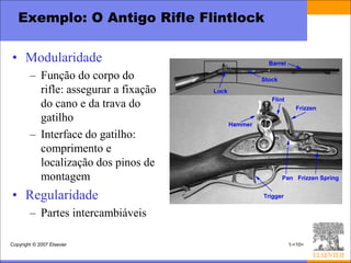 Exemplo: O Antigo Rifle Flintlock

• Modularidade
        – Função do corpo do
          rifle: assegurar a fixação
          do cano e da trava do
          gatilho
        – Interface do gatilho:
          comprimento e
          localização dos pinos de
          montagem
• Regularidade
        – Partes intercambiáveis

Copyright © 2007 Elsevier              1-<10>
 