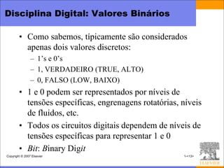 Disciplina Digital: Valores Binários

        • Como sabemos, típicamente são considerados
          apenas dois valores discretos:
                – 1’s e 0’s
                – 1, VERDADEIRO (TRUE, ALTO)
                – 0, FALSO (LOW, BAIXO)
        • 1 e 0 podem ser representados por níveis de
          tensões específicas, engrenagens rotatórias, níveis
          de fluidos, etc.
        • Todos os circuitos digitais dependem de níveis de
          tensões específicas para representar 1 e 0
        • Bit: Binary Digit
Copyright © 2007 Elsevier                              1-<13>
 