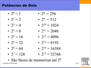 Potências de Dois

        •     20 = 1          • 28 = 256
        •     21 = 2          • 29 = 512
        •     22 = 4          • 210 = 1024
        •     23 = 8          • 211 = 2048
        •     24 = 16         • 212 = 4096
        •     25 = 32         • 213 = 8192
        •     26 = 64         • 214 = 16384
        •     27 = 128        • 215 = 32768
        •     São fáceis de memorizar até 29
Copyright © 2007 Elsevier                      1-<18>
 