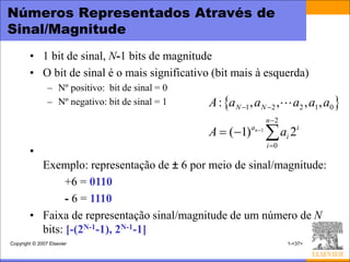 Números Representados Através de
Sinal/Magnitude
        • 1 bit de sinal, N-1 bits de magnitude
        • O bit de sinal é o mais significativo (bit mais à esquerda)
                – Nº positivo: bit de sinal = 0
                – Nº negativo: bit de sinal = 1   A : a N 1 , a N 2 ,        a2 , a1 , a0 
                                                                       n 2
                                                  A  ( 1)    an 1
                                                                        ai 2i
                                                                       i 0
        •
          Exemplo: representação de ± 6 por meio de sinal/magnitude:
                +6 = 0110
                - 6 = 1110
        • Faixa de representação sinal/magnitude de um número de N
          bits: [-(2N-1-1), 2N-1-1]
Copyright © 2007 Elsevier                                                     1-<37>
 