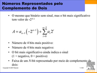Números Representados pelo
Complemento de Dois
        • O mesmo que binário sem sinal, mas o bit mais significativo
          tem valor de -2N-1

                                    n 2
               A  an 1  2n 1    ai 2i
                                     i 0

        • Número de 4 bits mais positivo:
        • Número de 4 bits mais negativo:
        • O bit mais significativo ainda indica o sinal
          (1 = negativo, 0 = positivo)
        • Faixa de um N-bit representado por meio de complemento de
          dois:
Copyright © 2007 Elsevier                                    1-<40>
 