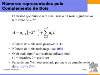 Números representados pelo
Complemento de Dois
        • O mesmo que binário sem sinal, mas o bit mais significativo
          tem valor de -2N-1

                                    n 2
               A  an 1  2n 1    ai 2i
                                     i 0

        • Número de 4 bits mais positivo: 0111
        • Número de 4 bits mais negativo: 1000
        • O bit mais significativo ainda indica o sinal
          (1 = negativo, 0 = positivo)
        • Faixa de um N-bit representado por meio de complemento de
          dois: [-(2N-1), 2N-1-1]
Copyright © 2007 Elsevier                                    1-<41>
 