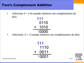 Two’s Complement Addition

        •        Adicionar 6 + (-6) usando números em complementos de
                 dois
                                   111
                                    0110
                                  + 1010
                                   10000
        •        Adicionar -2 + 3 usando números em complementos de dois


                                    111
                                     1110
                                   + 0011
Copyright © 2007 Elsevier
                                    10001                      1-<47>
 