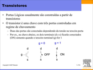 Transistores

• Portas Lógicas usualmente são construídas a partir de
  transistores
• O transistor é uma chave com três portas controladas em
  regime de chaveamento
       – Duas das portas são conectadas dependendo da tensão na terceira porta
       – Por ex., na chave abaixo, os dois terminais (d e s) ficarão conectados
         (ON) sòmente quando o terceiro terminal (g) for 1

                                    g=0            g=1
                                d     d              d

                            g             OFF            ON
                                s     s              s
Copyright © 2007 Elsevier                                               1-<73>
 