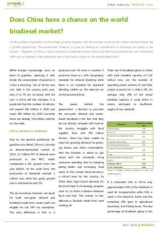 Article written by: GREENEA Team
JULY 2015 | GREENEA
Does China have a chance on the world
biodiesel market?
As the problem of pollution in China keeps growing together with the number of cars on the streets, biodiesel seems like
a golden opportunity. The government, however, in spite of claiming its commitment to improving air quality in the
People’s Republic of China, is quite reluctant to undertake further action and effectively promote the use of biodiesel.
With such an attitude of the authorities does China have a chance in the world biofuels race?
While Europe increasingly turns its
back to gasoline, replacing it with
diesel, the consumption of gasoline in
China is booming. Out of all the new
cars sold in the country each year,
only 5 to 7% run on diesel. And the
cars in China sell like hotcakes: it is
predicted that the number of vehicles
will exceed 200 million in 2020 and
reach 360 million by 2030. Currently
there are already 150 million vehicles
on the roads.
China: ethanol vs. biodiesel
Due to the general preference for
gasoline over diesel, China is currently
an ethanol-dominated market. In
2014, 2.2 million MT of ethanol were
produced in the PRC which
constituted a 6% growth from the
year before. At the same time, the
production of biodiesel reached 1
million tons while the yearly growth
rate is estimated at only 5%.
The tax incentives, however, are equal
for both non-grain ethanol and
biodiesel made from waste: both are
eligible for full VAT tax exemption.
The only difference is that in 6
provinces and 30 cities in another 5
provinces there is a 10% compulsory
mandate for ethanol blending while
there is no mandate for biodiesel
blending neither on the national nor
on the provincial level.
The reason behind the
government’s decision to promote
the non-grain ethanol and waste-
based biodiesel is the fact that they
do not directly compete with food as
the country struggles with food
supplies. Even with 500 million
farmers, China has been unable to
meet the growing demand for grains,
soy beans and other commodities.
And the situation is about to get
worse with the constantly rising
consumer spending due to changing
eating habits and increasing food
waste. In this context, food security is
a critical issue for the country. As
China faces high future demand for
food and feed, its bioenergy program
must try to strike a balance between
food and fuel. The answer to this
dilemma is biofuels made from used
cooking oil.
There are 53 biodiesel plants in China
with total installed capacity of 3.36
million tons, yet, the number of
operating plants reaches 31 and their
output accounts for 1 million MT. On
average, only 29% of the actual
installed capacity is used which is
mainly attributed to insufficient
supply of raw materials.
Company
Production capacity
(kT)
CNOOC Biolux 250
Huan Yu 200
Rong Li(Hong Kong) New Energ
y
200
Tangshan Jinlihai Group 160
Shandong Biodiesel Group 100
Longyan Zhuoyue New Energy C
o.
100
JinGu 100
Rong Guang New Biological Ene
rgy Co.
100
8 biggest plants 1210
Total nationwide 3360
Table 1: 8 biggest biodiesel producers in China by
installed capacity
It is estimated that in China only
approximately 30% of the biodiesel is
used for transportation while 50% is
used in the industrial sector and the
remaining 20% goes to agricultural
machinery and fishing boats. The low
percentage of biodiesel going to the
 