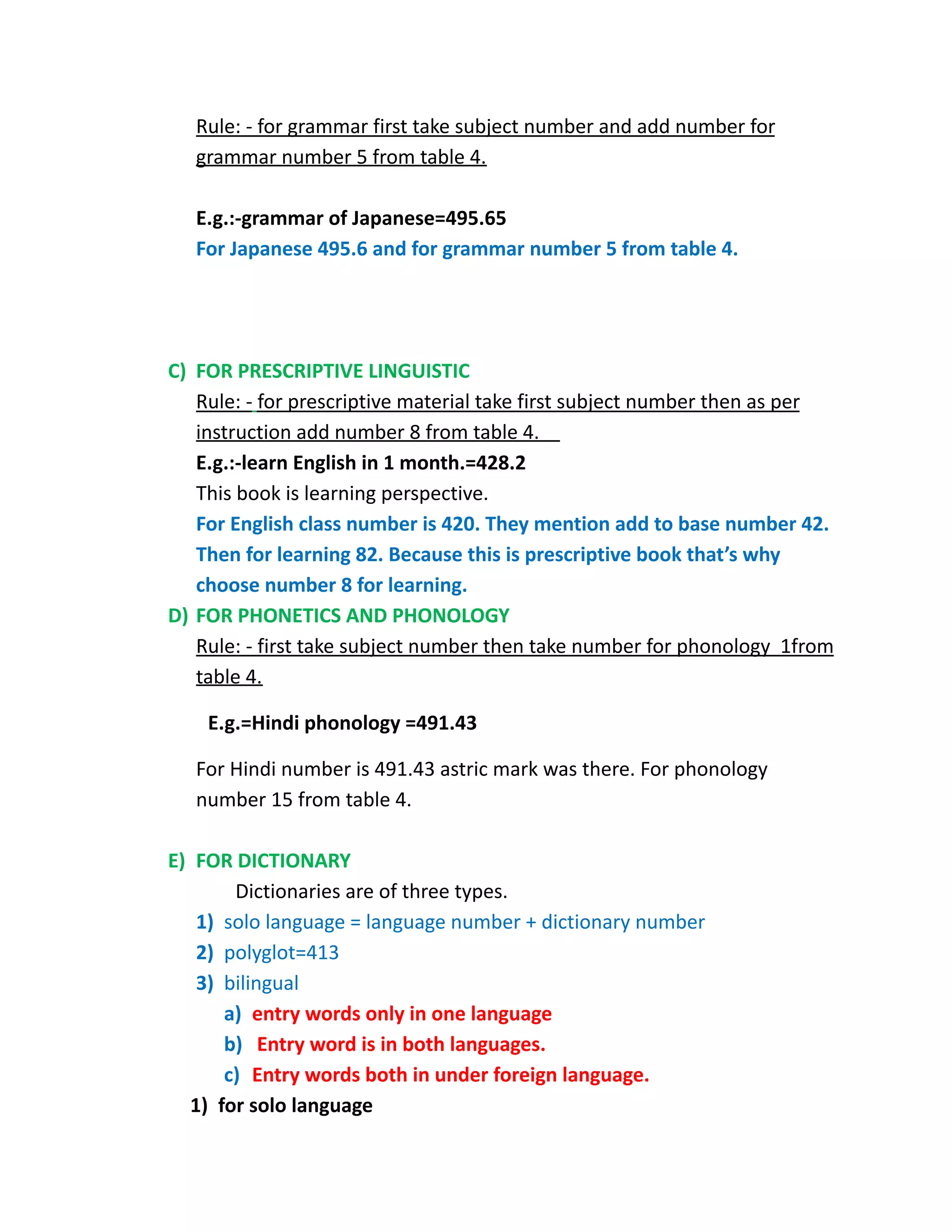 Rule: - for grammar first take subject number and add number for
grammar number 5 from table 4.
E.g.:-grammar of Japanese=495.65
For Japanese 495.6 and for grammar number 5 from table 4.
C) FOR PRESCRIPTIVE LINGUISTIC
Rule: - for prescriptive material take first subject number then as per
instruction add number 8 from table 4.
E.g.:-learn English in 1 month.=428.2
This book is learning perspective.
For English class number is 420. They mention add to base number 42.
Then for learning 82. Because this is prescriptive book that’s why
choose number 8 for learning.
D) FOR PHONETICS AND PHONOLOGY
Rule: - first take subject number then take number for phonology 1from
table 4.
E.g.=Hindi phonology =491.43
For Hindi number is 491.43 astric mark was there. For phonology
number 15 from table 4.
E) FOR DICTIONARY
Dictionaries are of three types.
1) solo language = language number + dictionary number
2) polyglot=413
3) bilingual
a) entry words only in one language
b) Entry word is in both languages.
c) Entry words both in under foreign language.
1) for solo language
 