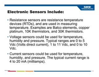 Electronic Sensors Include:
• Resistance sensors are resistance temperature
devices (RTDs) and are used in measuring
devices (RTDs), and are used in measuring
temperature. Examples are Balco elements, copper
platinum, 10K thermistors, and 30K thermistors.
• Voltage sensors could be used for temperature,
humidity and pressure. Typical ranges are 0 to 5
Vd (V lt di t t) 1 t 11 Vd d 0 t 10
Vdc (Volts direct current), 1 to 11 Vdc, and 0 to 10
Vdc.
C t ld b d f t t
• Current sensors could be used for temperature,
humidity, and pressure. The typical current range is
4 to 20 mA (milliamps).
1-12
PNWD-SA-8834
( p )
 