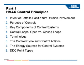 Part 1
HVAC Control Principles
HVAC Control Principles
1. Intent of Battelle Pacific NW Division involvement
2. Purpose of Controls
3. Key Components of Control Systems
y p y
4. Control Loops, Open vs. Closed Loops
5 Terminology
5. Terminology
6. The Control Cycle and Control Actions
7 Th E S f C t l S t
7. The Energy Sources for Control Systems
8. DDC Point Types
1-4
PNWD-SA-8834
 