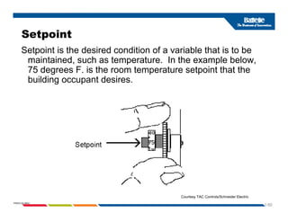 Setpoint
Setpoint is the desired condition of a variable that is to be
maintained, such as temperature. In the example below,
75 degrees F is the room temperature setpoint that the
75 degrees F. is the room temperature setpoint that the
building occupant desires.
1-50
PNWD-SA-8834
Courtesy TAC Controls/Schneider Electric
 