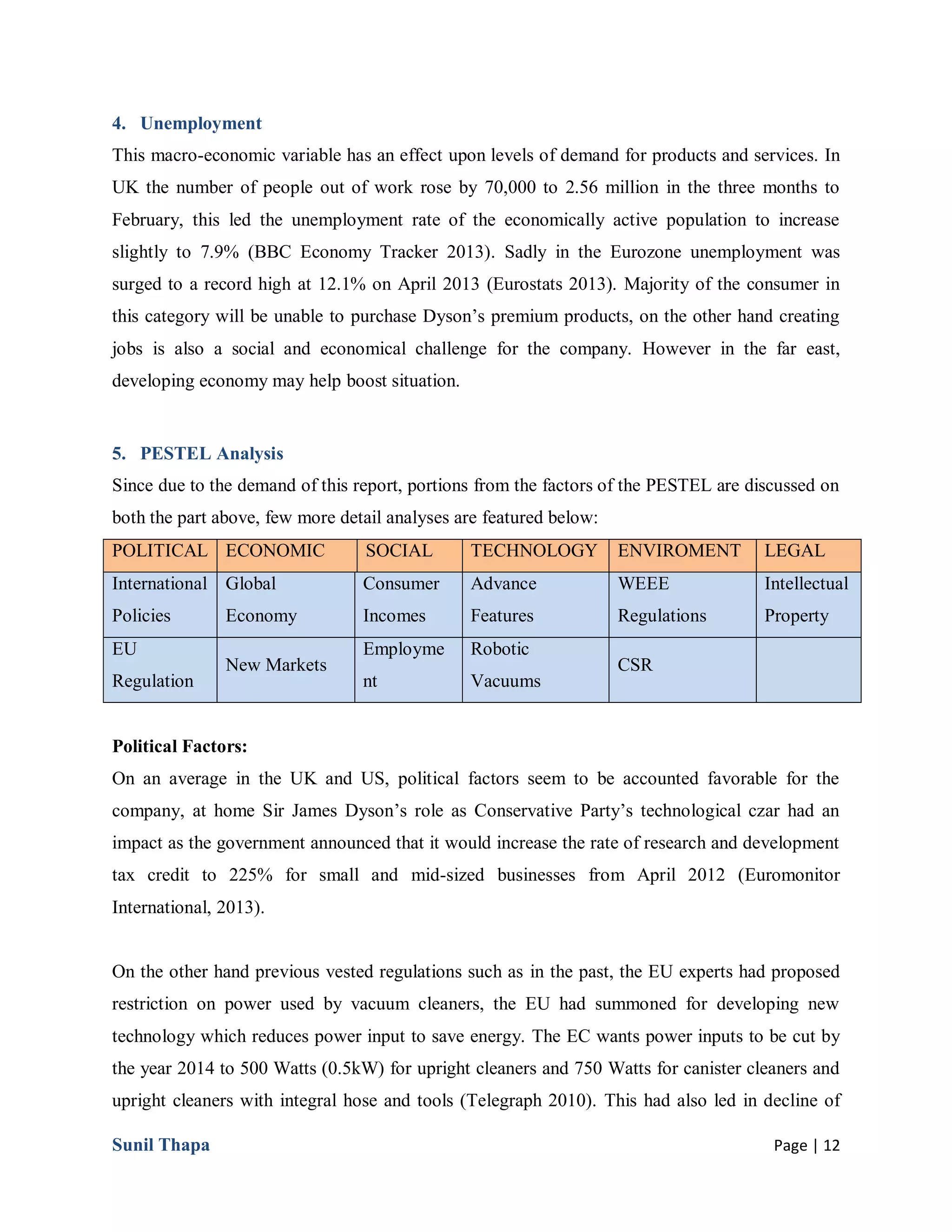 Sunil Thapa Page | 12
4. Unemployment
This macro-economic variable has an effect upon levels of demand for products and services. In
UK the number of people out of work rose by 70,000 to 2.56 million in the three months to
February, this led the unemployment rate of the economically active population to increase
slightly to 7.9% (BBC Economy Tracker 2013). Sadly in the Eurozone unemployment was
surged to a record high at 12.1% on April 2013 (Eurostats 2013). Majority of the consumer in
this category will be unable to purchase Dyson’s premium products, on the other hand creating
jobs is also a social and economical challenge for the company. However in the far east,
developing economy may help boost situation.
5. PESTEL Analysis
Since due to the demand of this report, portions from the factors of the PESTEL are discussed on
both the part above, few more detail analyses are featured below:
POLITICAL ECONOMIC SOCIAL TECHNOLOGY ENVIROMENT LEGAL
International
Policies
Global
Economy
Consumer
Incomes
Advance
Features
WEEE
Regulations
Intellectual
Property
EU
Regulation
New Markets
Employme
nt
Robotic
Vacuums
CSR
Political Factors:
On an average in the UK and US, political factors seem to be accounted favorable for the
company, at home Sir James Dyson’s role as Conservative Party’s technological czar had an
impact as the government announced that it would increase the rate of research and development
tax credit to 225% for small and mid-sized businesses from April 2012 (Euromonitor
International, 2013).
On the other hand previous vested regulations such as in the past, the EU experts had proposed
restriction on power used by vacuum cleaners, the EU had summoned for developing new
technology which reduces power input to save energy. The EC wants power inputs to be cut by
the year 2014 to 500 Watts (0.5kW) for upright cleaners and 750 Watts for canister cleaners and
upright cleaners with integral hose and tools (Telegraph 2010). This had also led in decline of
 