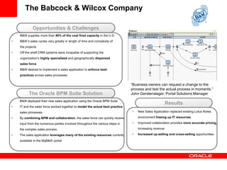 The Babcock & Wilcox Company
• B&W deployed their new sales application using the Oracle BPM Suite
• IT and the sales forc...