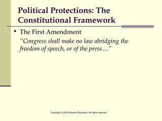 Political Protections: The
Constitutional Framework
 The First Amendment
“Congress shall make no law abridging the
freedom of speech, or of the press…”
Copyright © 2010 Pearson Education. All rights reserved.
 
