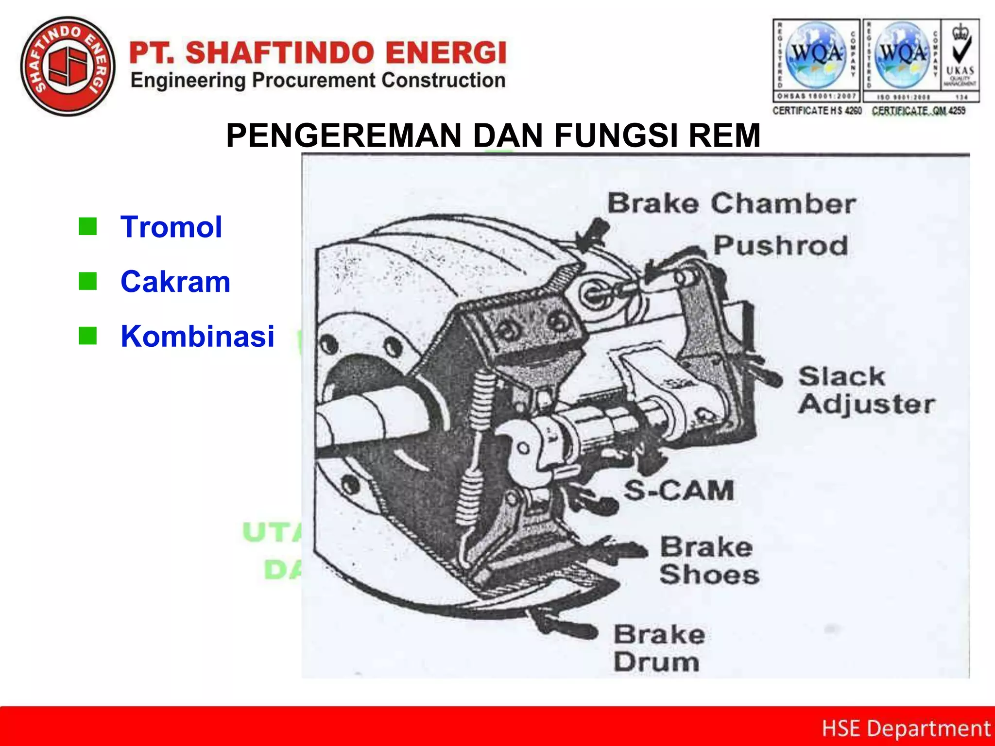 PENGEREMAN DAN FUNGSI REM
 Tromol
 Cakram
 Kombinasi
 
