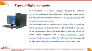 18
•A workstation is a special computer designed for technical
or scientific applications. Intended primarily to be used by one person
at a time, they are commonly connected to a local area network and
run multi-user operating systems.
•The term workstation has also been used loosely to refer to everything
from a mainframe computer terminal to a PC connected to a network,
but the most common form refers to the class of hardware offered by
several current companies such as Sun Microsystems, Silicon
Graphics, Apollo Computer, DEC, HP, NeXT and IBM which opened
the door for the 3D graphics animation revolution of the late 1990s.
Types of digital computer
An Autonomous Institution ,Affiliated to Visvesvaraya Technological University, Belagavi. Approved By AICTE, New Delhi. Recognized by UGC with 2(f) & 12(B) status.
Accredited by NBA and NAAC.
 