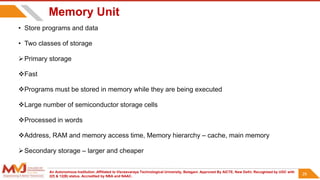 An Autonomous Institution ,Affiliated to Visvesvaraya Technological University, Belagavi. Approved By AICTE, New Delhi. Recognized by UGC with
2(f) & 12(B) status. Accredited by NBA and NAAC.
28
Memory Unit
• Store programs and data
• Two classes of storage
Primary storage
Fast
Programs must be stored in memory while they are being executed
Large number of semiconductor storage cells
Processed in words
Address, RAM and memory access time, Memory hierarchy – cache, main memory
Secondary storage – larger and cheaper
28
 