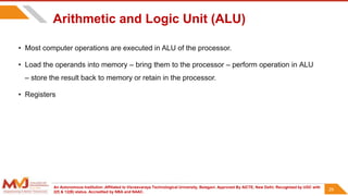 An Autonomous Institution ,Affiliated to Visvesvaraya Technological University, Belagavi. Approved By AICTE, New Delhi. Recognized by UGC with
2(f) & 12(B) status. Accredited by NBA and NAAC.
29
Arithmetic and Logic Unit (ALU)
• Most computer operations are executed in ALU of the processor.
• Load the operands into memory – bring them to the processor – perform operation in ALU
– store the result back to memory or retain in the processor.
• Registers
29
 