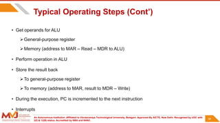 An Autonomous Institution ,Affiliated to Visvesvaraya Technological University, Belagavi. Approved By AICTE, New Delhi. Recognized by UGC with
2(f) & 12(B) status. Accredited by NBA and NAAC.
38
Typical Operating Steps (Cont’)
• Get operands for ALU
General-purpose register
Memory (address to MAR – Read – MDR to ALU)
• Perform operation in ALU
• Store the result back
To general-purpose register
To memory (address to MAR, result to MDR – Write)
• During the execution, PC is incremented to the next instruction
• Interrupts
38
 