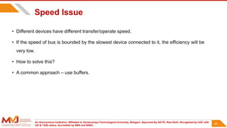 An Autonomous Institution ,Affiliated to Visvesvaraya Technological University, Belagavi. Approved By AICTE, New Delhi. Recognized by UGC with
2(f) & 12(B) status. Accredited by NBA and NAAC.
44
Speed Issue
• Different devices have different transfer/operate speed.
• If the speed of bus is bounded by the slowest device connected to it, the efficiency will be
very low.
• How to solve this?
• A common approach – use buffers.
44
 