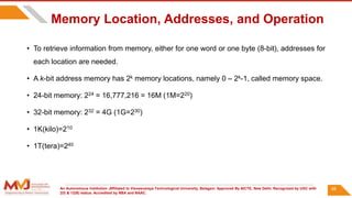 An Autonomous Institution ,Affiliated to Visvesvaraya Technological University, Belagavi. Approved By AICTE, New Delhi. Recognized by UGC with
2(f) & 12(B) status. Accredited by NBA and NAAC.
Memory Location, Addresses, and Operation
• To retrieve information from memory, either for one word or one byte (8-bit), addresses for
each location are needed.
• A k-bit address memory has 2k memory locations, namely 0 – 2k-1, called memory space.
• 24-bit memory: 224 = 16,777,216 = 16M (1M=220)
• 32-bit memory: 232 = 4G (1G=230)
• 1K(kilo)=210
• 1T(tera)=240
58
 