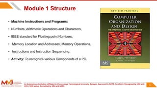 An Autonomous Institution ,Affiliated to Visvesvaraya Technological University, Belagavi. Approved By AICTE, New Delhi. Recognized by UGC with
2(f) & 12(B) status. Accredited by NBA and NAAC.
6
Module 1 Structure
• Machine Instructions and Programs:
• Numbers, Arithmetic Operations and Characters,
• IEEE standard for Floating point Numbers,
• Memory Location and Addresses, Memory Operations,
• Instructions and Instruction Sequencing.
• Activity: To recognize various Components of a PC.
6
 