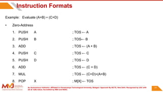 An Autonomous Institution ,Affiliated to Visvesvaraya Technological University, Belagavi. Approved By AICTE, New Delhi. Recognized by UGC with
2(f) & 12(B) status. Accredited by NBA and NAAC.
Instruction Formats
Example: Evaluate (A+B)  (C+D)
• Zero-Address
1. PUSH A ; TOS ← A
2. PUSH B ; TOS← B
3. ADD ; TOS ← (A + B)
4. PUSH C ; TOS ← C
5. PUSH D ; TOS ← D
6. ADD ; TOS ← (C + D)
7. MUL ; TOS ← (C+D)(A+B)
8. POP X ; M[X] ← TOS
77
 