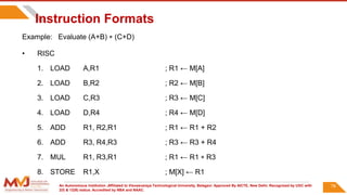 An Autonomous Institution ,Affiliated to Visvesvaraya Technological University, Belagavi. Approved By AICTE, New Delhi. Recognized by UGC with
2(f) & 12(B) status. Accredited by NBA and NAAC.
Instruction Formats
Example: Evaluate (A+B)  (C+D)
• RISC
1. LOAD A,R1 ; R1 ← M[A]
2. LOAD B,R2 ; R2 ← M[B]
3. LOAD C,R3 ; R3 ← M[C]
4. LOAD D,R4 ; R4 ← M[D]
5. ADD R1, R2,R1 ; R1 ← R1 + R2
6. ADD R3, R4,R3 ; R3 ← R3 + R4
7. MUL R1, R3,R1 ; R1 ← R1  R3
8. STORE R1,X ; M[X] ← R1
78
 