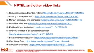 An Autonomous Institution ,Affiliated to Visvesvaraya Technological University, Belagavi. Approved By AICTE, New Delhi. Recognized by UGC with
2(f) & 12(B) status. Accredited by NBA and NAAC.
84
NPTEL and other video links
1) Computer basics and number system : https://nptel.ac.in/courses/106/105/106105163/
2) Floating point representation: https://www.youtube.com/watch?v=-A2hHFBUIsQ
3) Memory addressing and operations: https://nptel.ac.in/courses/106/105/106105163/
4) Instruction Execution: https://www.youtube.com/watch?v=gfFgPvEDNYU
5) 2’s Complement subtraction: youtube.com/watch?v=PxrT6GUnbX0
6) Overflow condition in 2’s complement addition :
https://www.youtube.com/watch?v=vl1LYH26RCM
7) Basic performance equation : https://www.youtube.com/watch?v=jafpmMOw194
8) Conditional Flags : https://www.youtube.com/watch?v=wwz_Kmpte-4
9) Instruction sequencing : https://www.youtube.com/watch?v=dPa4T_EZ7Gs
 