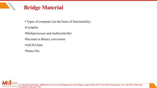 9
An Autonomous Institution ,Affiliated to Visvesvaraya Technological University, Belagavi. Approved By AICTE, New Delhi. Recognized by UGC with 2(f) & 12(B) status.
Accredited by NBA and NAAC.
Bridge Material
• Types of computer (on the basis of functionality)
•Compiler
•Multiprocessor and multicontroller
•Decimal to Binary conversion
•ASCII Chart
•Status bits
 