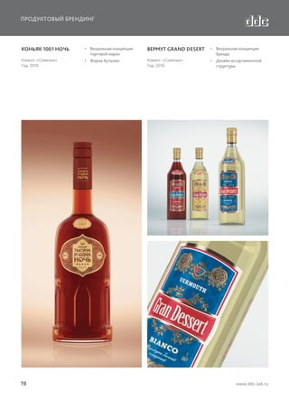 ПРОДУКТОВЫЙ БРЕНДИНГ

КОНЬЯК 1001 НОЧЬ

  Визуальная концепция
торговой марки

ВЕРМУТ GRAND DESERT

  Визуальная концепция
бренда

Клиент: «Сомелье»
Год: 2010

  Форма бутылки

Клиент: «Сомелье»
Год: 2010

  Дизайн ассортиментной
структуры

19

www.ddc-lab.ru

 