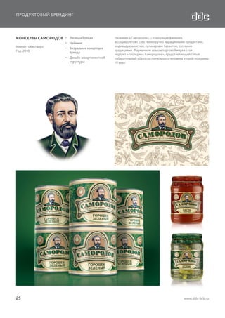 ПРОДУКТОВЫЙ БРЕНДИНГ

КОНСЕРВЫ САМОРОДОВ   Легенда бренда
  Нейминг
Клиент: «Альтаир»
Год: 2010

  Визуальная концепция
бренда
  Дизайн ассортиментной
структуры

25

Название «Самородов» — говорящая фамилия,
ассоциируется с собственноручно выращенными продуктами,
индивидуальностью, кулинарным талантом, русскими
традициями. Фирменным знаком торговой марки стал
портрет «господина Самородова», представляющий собой
собирательный образ состоятельного человека второй половины
19 века.

www.ddc-lab.ru

 