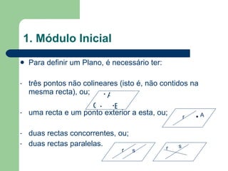 1. Módulo Inicial Para definir um Plano, é necessário ter: três pontos não colineares (isto é, não contidos na mesma recta), ou; uma recta e um ponto exterior a esta, ou; duas rectas concorrentes, ou; duas rectas paralelas.  r  B C r s s r A  A  