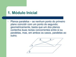 1. Módulo Inicial Planos paralelos – se nenhum ponto do primeiro plano coincidir com um ponto do segundo; geometricamente, basta que um dos planos contenha duas rectas concorrentes entre si ou paralelas, mas, em ambos os casos, paralelas ao outro;   a b 