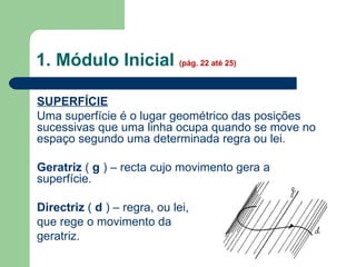1. Módulo Inicial  (pág. 22 até 25)  SUPERFÍCIE Uma superfície é o lugar geométrico das posições sucessivas que uma linha ocupa quando se move no espaço segundo uma determinada regra ou lei. Geratriz  (  g  ) – recta cujo movimento gera a superfície.  Directriz  (  d  ) – regra, ou lei,  que rege o movimento da  geratriz.  