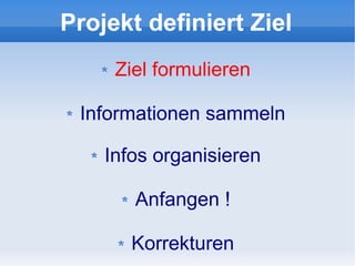 Projekt definiert Ziel
     Ziel formulieren

 Informationen sammeln

    Infos organisieren

       Anfangen !

       Korrekturen
 