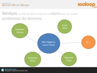 Domain-Driven Design
Introdução ao
@CharlesFortes
.com
Meu Negócio:
Locar Filmes
Locar
Filme
Reservar
Filme
Cadastrar
Cliente
Pesquisar
Filme
Etc...
Serviços na visão do DDD consiste em um objeto que visa resolver
problemas do domínio
 