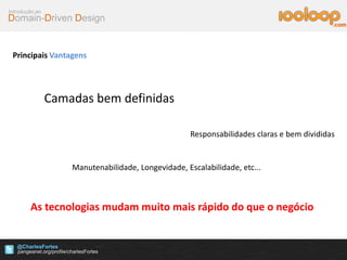 Domain-Driven Design
Introdução ao
@CharlesFortes
.com
Principais Vantagens
As tecnologias mudam muito mais rápido do que o negócio
Camadas bem definidas
Responsabilidades claras e bem divididas
Manutenabilidade, Longevidade, Escalabilidade, etc...
 
