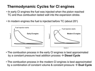 Thermodynamic Cycles for CI engines
• In early CI engines the fuel was injected when the piston reached
TC and thus combustion lasted well into the expansion stroke.
• In modern engines the fuel is injected before TC (about 20o)
Fuel injection starts

Early CI engine

Fuel injection starts
Modern CI engine

• The combustion process in the early CI engines is best approximated
by a constant pressure heat addition process  Diesel Cycle
• The combustion process in the modern CI engines is best approximated
by a combination of constant volume & constant pressure  Dual Cycle

 
