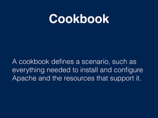 Cookbook
A cookbook deﬁnes a scenario, such as
everything needed to install and conﬁgure
Apache and the resources that support it.
 