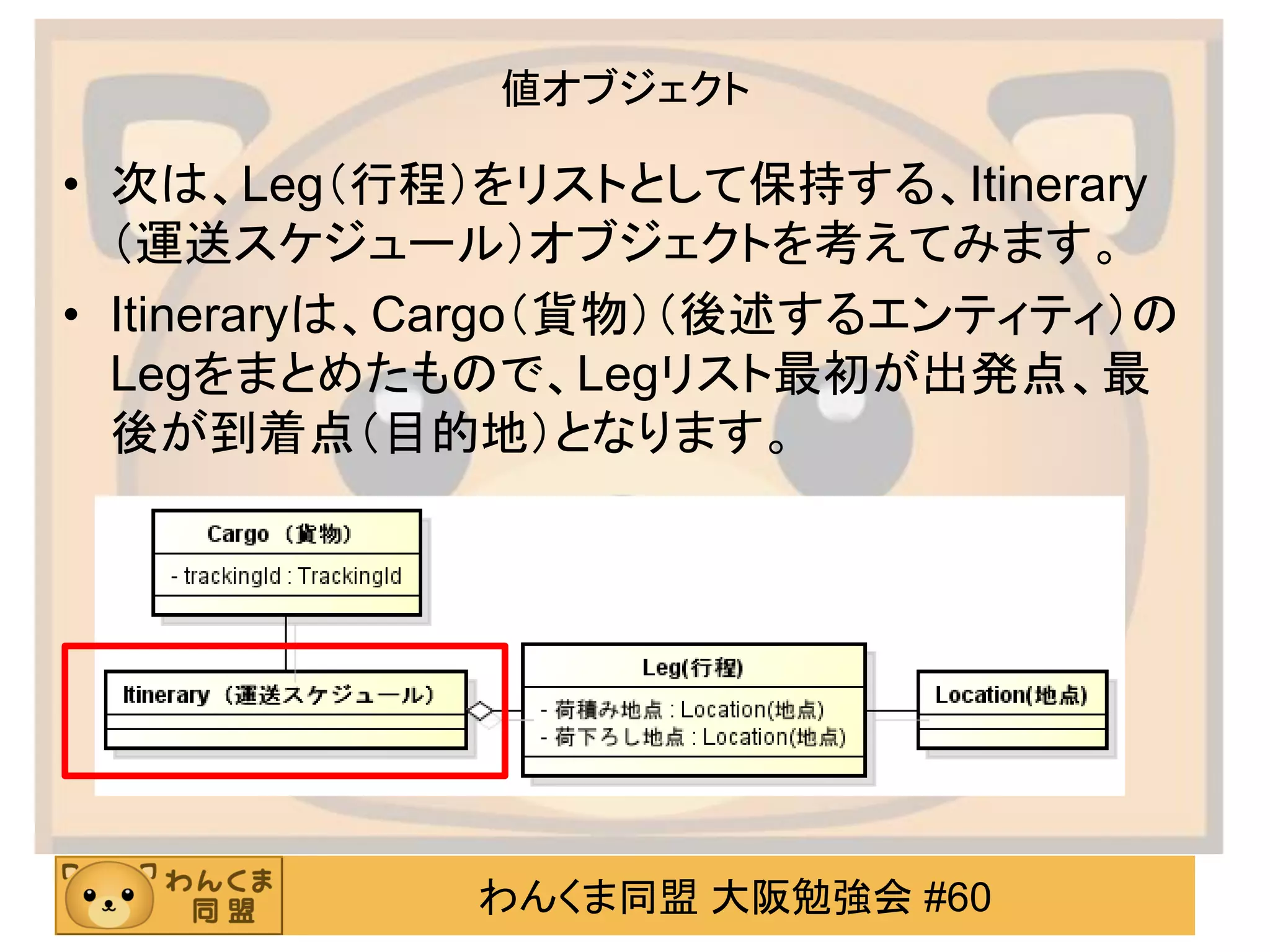 わんくま同盟 大阪勉強会 #60 
値オブジェクト 
•次は、Leg（行程）をリストとして保持する、Itinerary（運送スケジュール）オブジェクトを考えてみます。 
•Itineraryは、Cargo（貨物）（後述するエンティティ）の Legをまとめたもので、Legリスト最初が出発点、最 後が到着点（目的地）となります。  