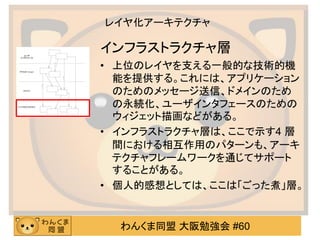 わんくま同盟 大阪勉強会 #60 
レイヤ化アーキテクチャ 
インフラストラクチャ層 
•上位のレイヤを支える一般的な技術的機 能を提供する。これには、アプリケーション のためのメッセージ送信、ドメインのため の永続化、ユーザインタフェースのための ウィジェット描画などがある。 
•インフラストラクチャ層は、ここで示す4 層 間における相互作用のパターンも、アーキ テクチャフレームワークを通じてサポート することがある。 
•個人的感想としては、ここは「ごった煮」層。  