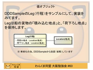 わんくま同盟 大阪勉強会 #60 
値オブジェクト 
DDDSampleのLeg（行程）をサンプルにして、実装を みてます。 
Legは船の貨物の「積み込む地点」と、「荷下ろし地点」 を保持します。 
※ 単純化の為、DDDSampleから改変（省略）しています  