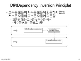 DIP(Dependency Inversion Principle)
• 고수준모듈이저수준모듈에의존하지않고
저수준모듈이고수준모듈에의존함
• 의존방향을"고수준저수준"에서
"저수준고수준"으로변경
고수준
저수준
20DDD 소개@서문래
 