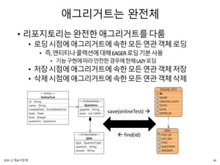 애그리거트는 완전체
• 리포지토리는완전한애그리거트를다룸
• 로딩시점에애그리거트에속한모든연관객체로딩
• 즉,엔티티나콜렉션에대해EAGER로딩기본사용
• 기능구현에따라안전한경우에한해LAZY로딩
• 저장시점에애그리거트에속한모든연관객체저장
• 삭제시점에애그리거트에속한모든연관객체삭제
save(onlineTest) 
 find(id)
46DDD 소개@서문래
 