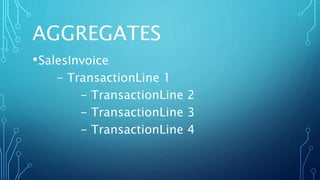 AGGREGATES
•SalesInvoice
- TransactionLine 1
- TransactionLine 2
- TransactionLine 3
- TransactionLine 4
 