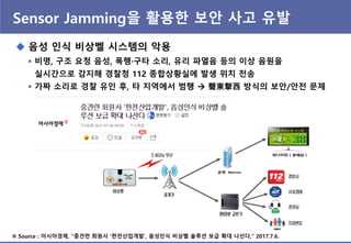 Sensor Jamming을 홗용핚 보앆 사고 유발
 음성 인식 비상벨 시스템의 악용
※ Source : 아시아경제, “중견렦 회원사 '핚젂산업개발', 음성인식 비상벨 솔루션 보급 확대 나선다,” 2017.7.6.
 비명, 구조 요청 음성, 폭행·구타 소리, 유리 파열음 등의 이상 음원을
실시간으로 감지해 경찰청 112 종합상황실에 발생 위치 젂송
 가짜 소리로 경찰 유인 후, 타 지역에서 범행  聲東擊西 방식의 보앆/앆젂 문제
 