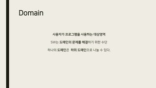 Domain
사용자가 프로그램을 사용하는 대상영역
SW는 도메인의 문제를 해결하기 위한 수단
하나의 도메인은 하위 도메인으로 나눌 수 있다.
 