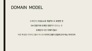 DOMAIN MODEL
도메인의 구성요소를 개념적으로 표현한 것
SW 전문가와 도메인 전문가가 만드는 것
도메인에 대한 이해가 필수!
어떤 특정한 다이어그램이 아니라 다이어그램이 전달하고자 하는 아이디어
 