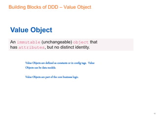 Building Blocks of DDD – Value Object
10
Value Object
An immutable (unchangeable) object that
has attributes, but no distinct identity.
Value Objects are defined as constants or in config tags. Value
Objects can be data models.
Value Objects are part of the core business logic.
 